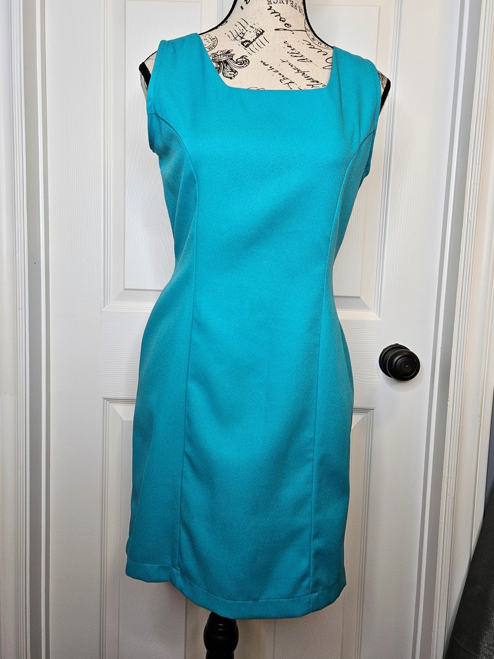 Sleeveless Turquoise Mini Sheath Dress Square Neck Size S Tailored